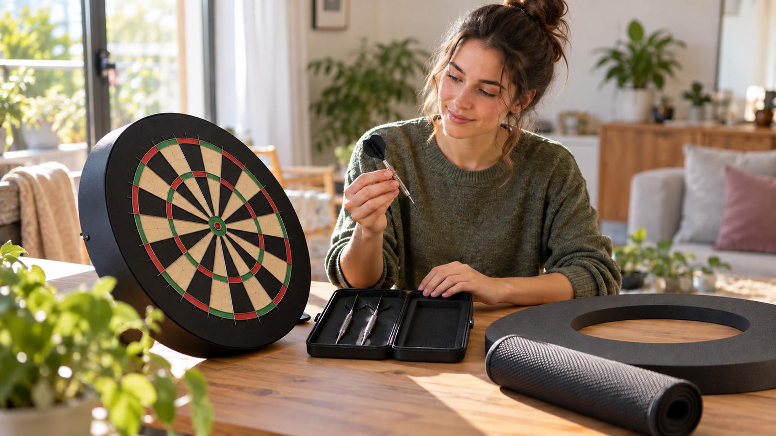 Dartscheibe, drei Dartpfeile und Zubehör als erste Dart-Ausstattung