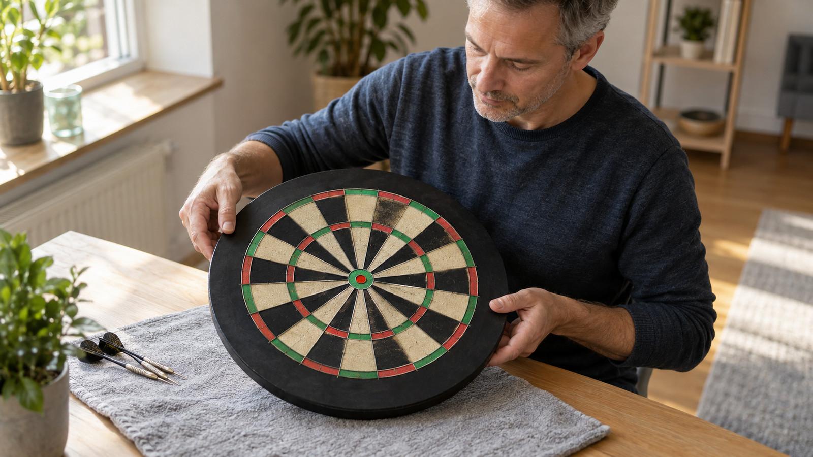 Eine Sisal-Dartscheibe mit abgenommenem Zahlenring vor dem Drehen