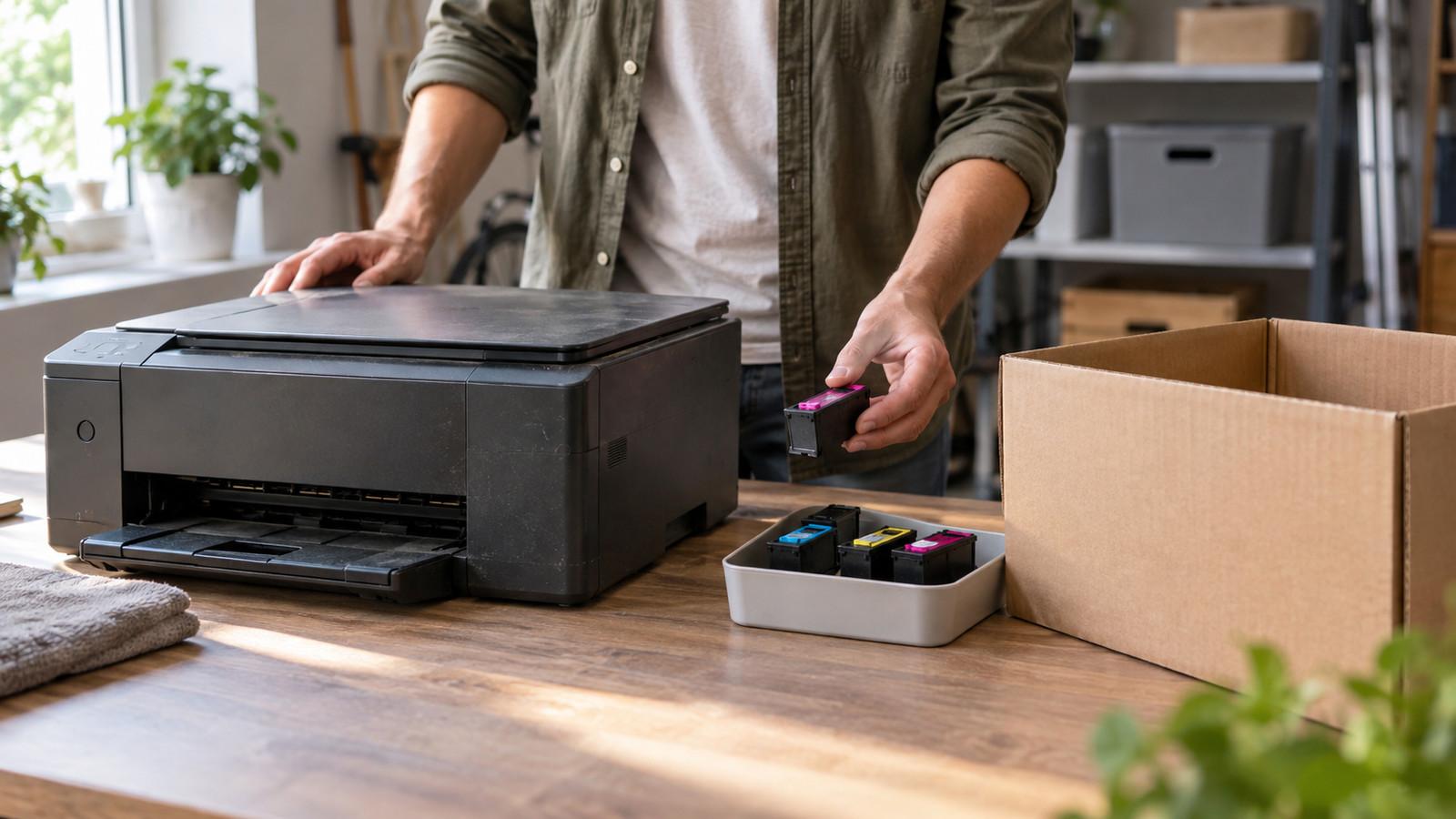 Alter Drucker neben gesammelten leeren Patronen und einem Karton für Elektroschrott-Rückgabe