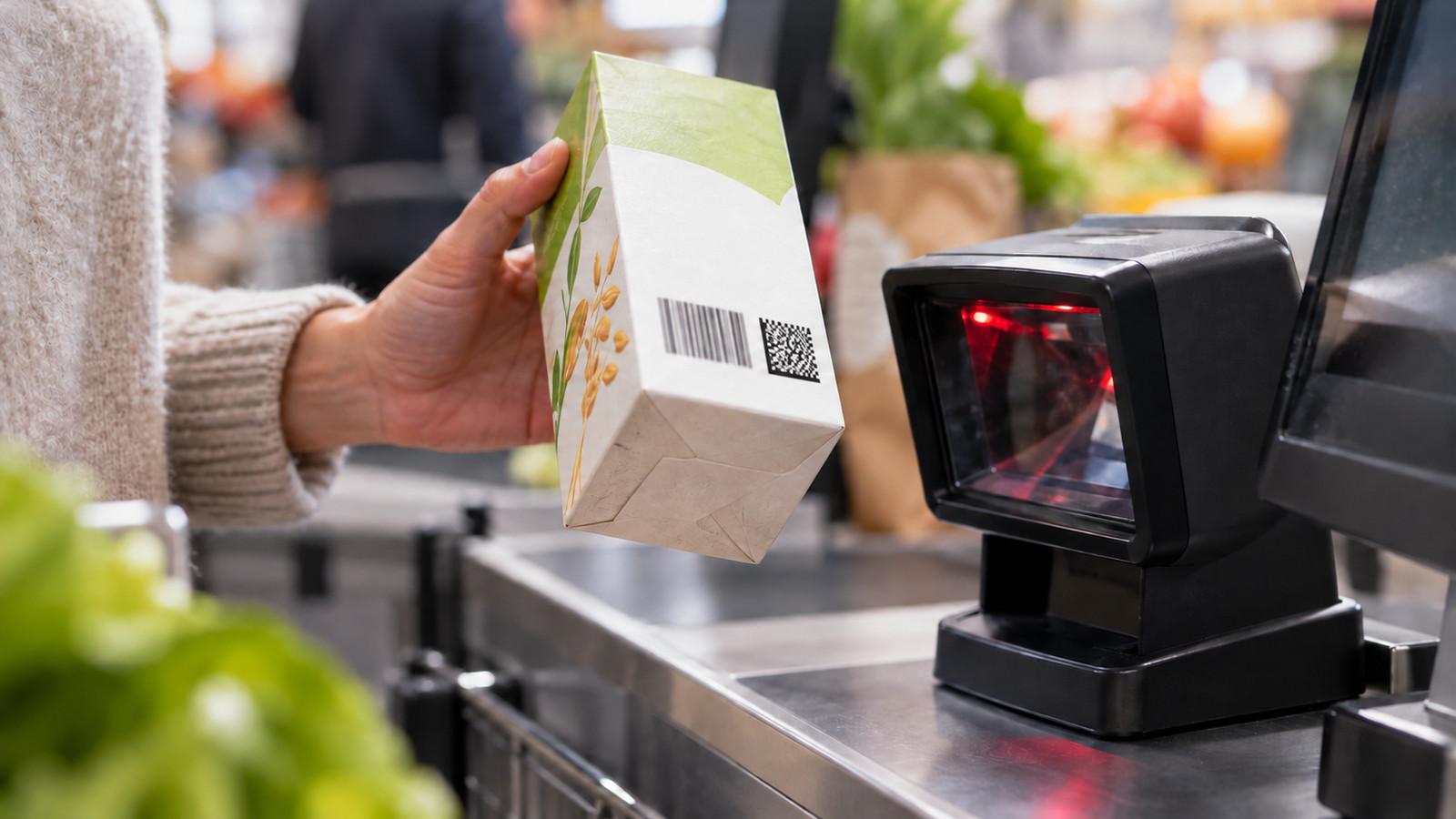 Packung mit EAN-Strichcode und GS1-DataMatrix nebeneinander an einer Kasse mit Imager-Scanner