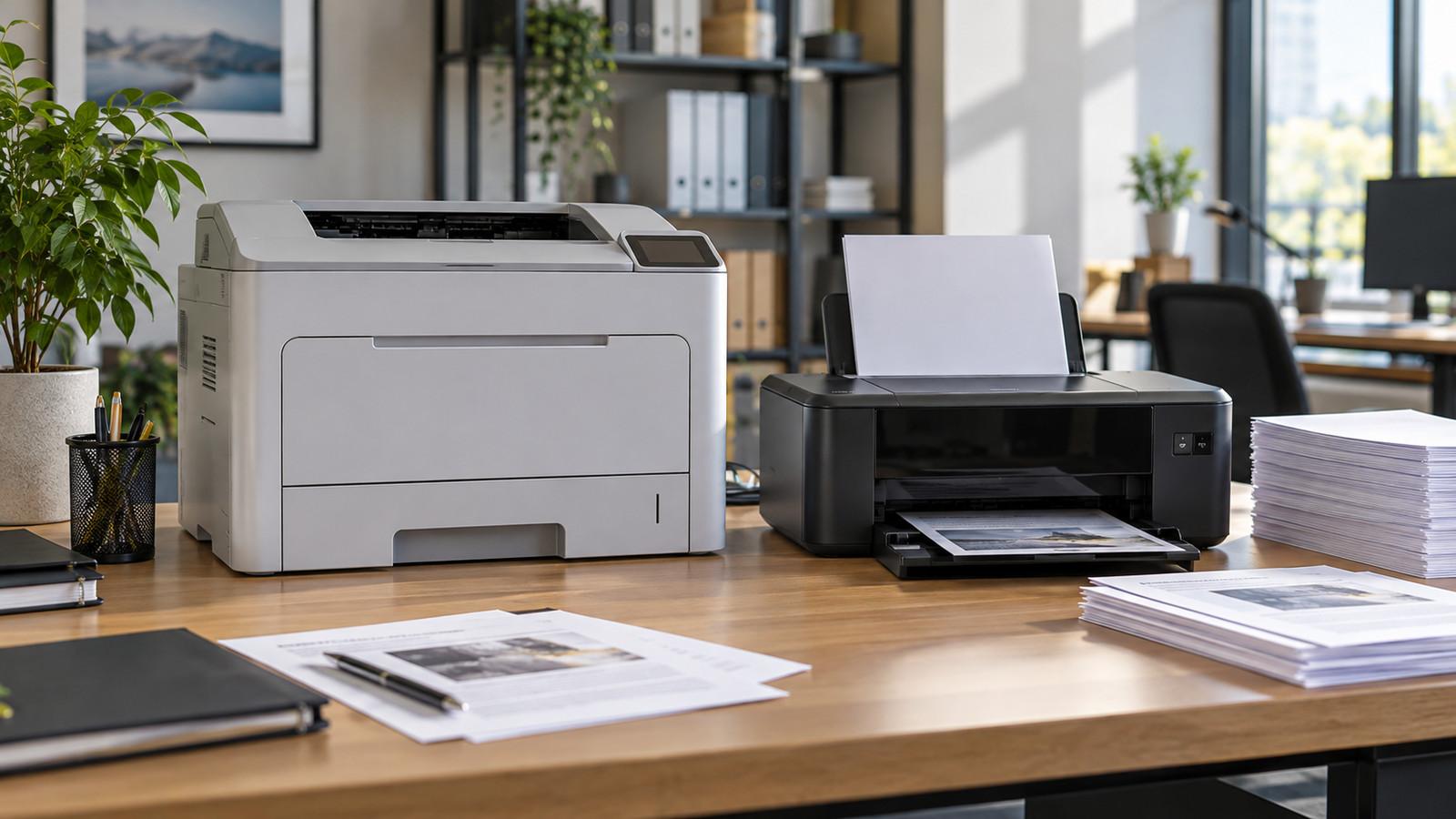 Laserdrucker und Tintenstrahler nebeneinander auf einem Schreibtisch mit gestapelten Büroausdrucken