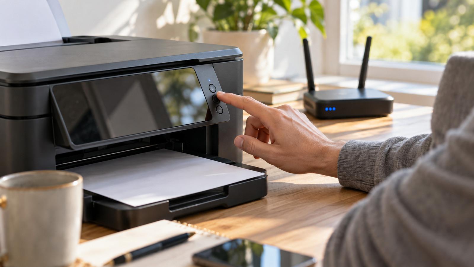 Multifunktionsdrucker am Schreibtisch, WLAN-Symbol am Display leuchtet, Router im Hintergrund