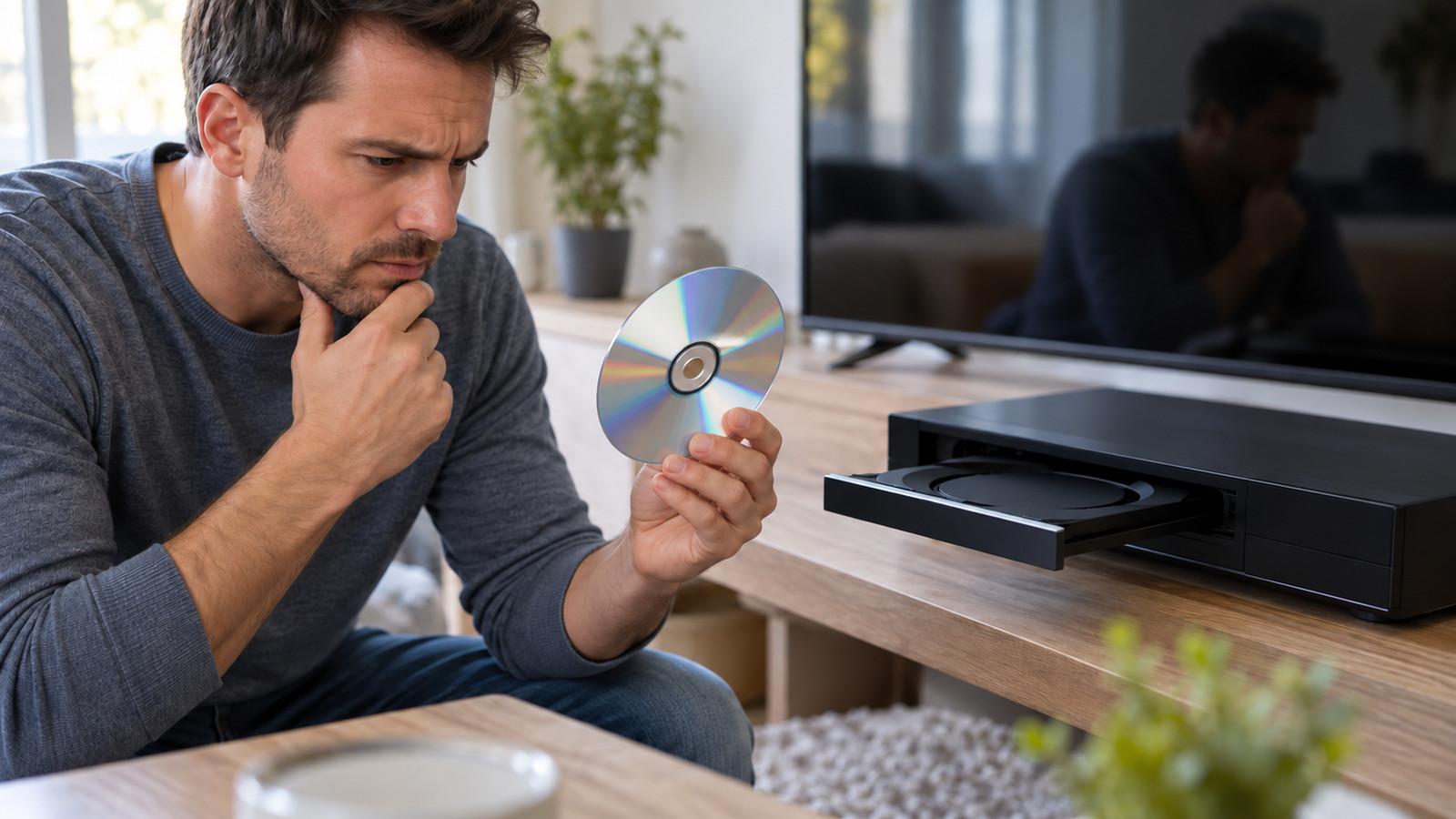 Blu-ray-Disc neben einem Player, auf dem eine Fehlermeldung zur Disc erscheint