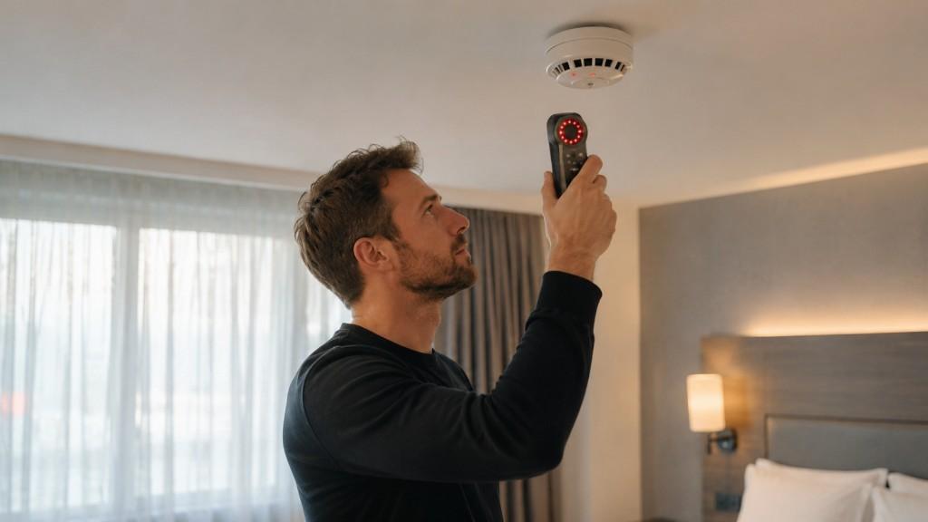 Person prüft im Hotelzimmer mit einem Kamera-Detektor den Bereich um den Rauchmelder, Vorhänge geschlossen