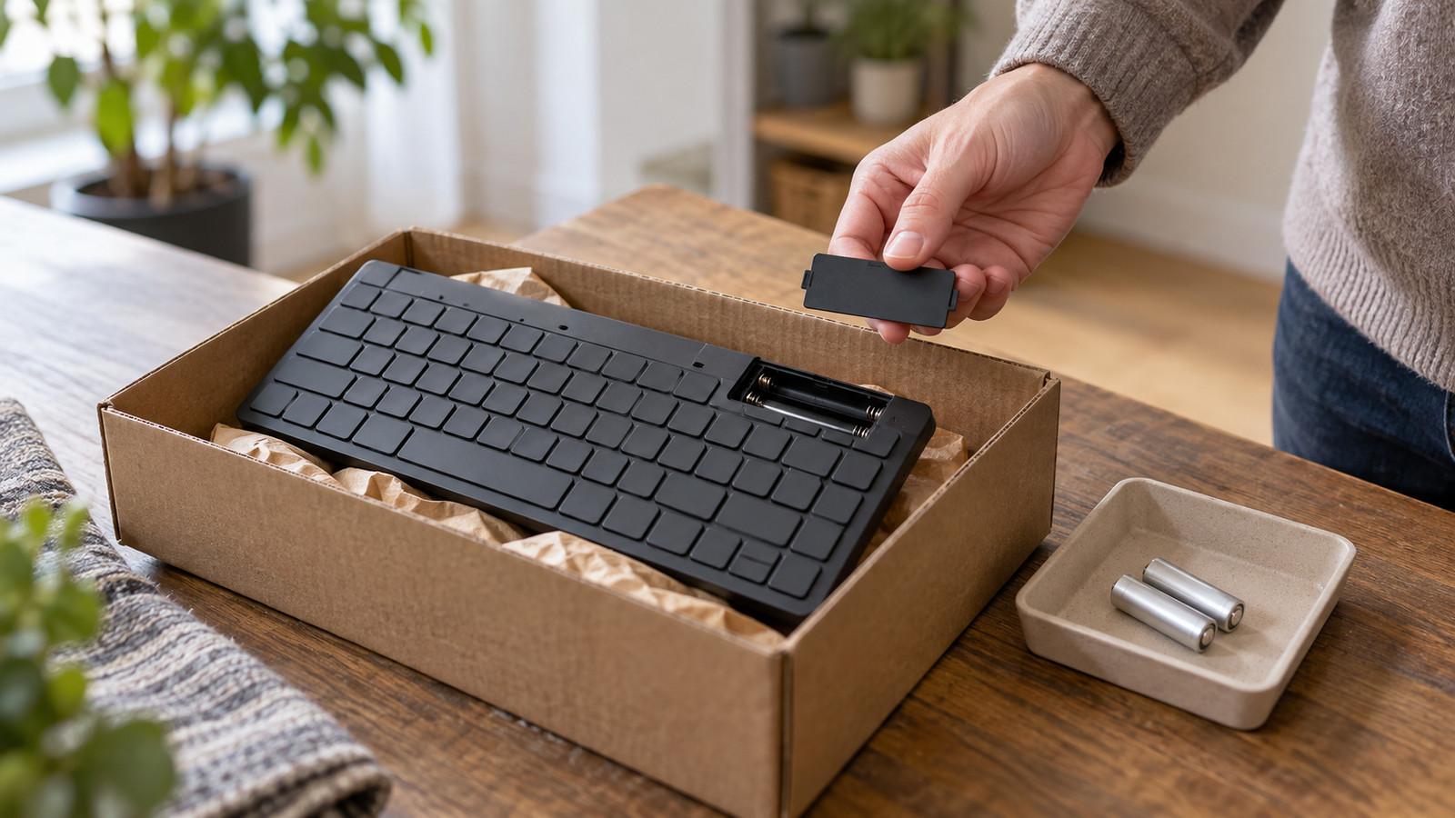 Alte Tastatur und entnommene Batterien zur getrennten Entsorgung