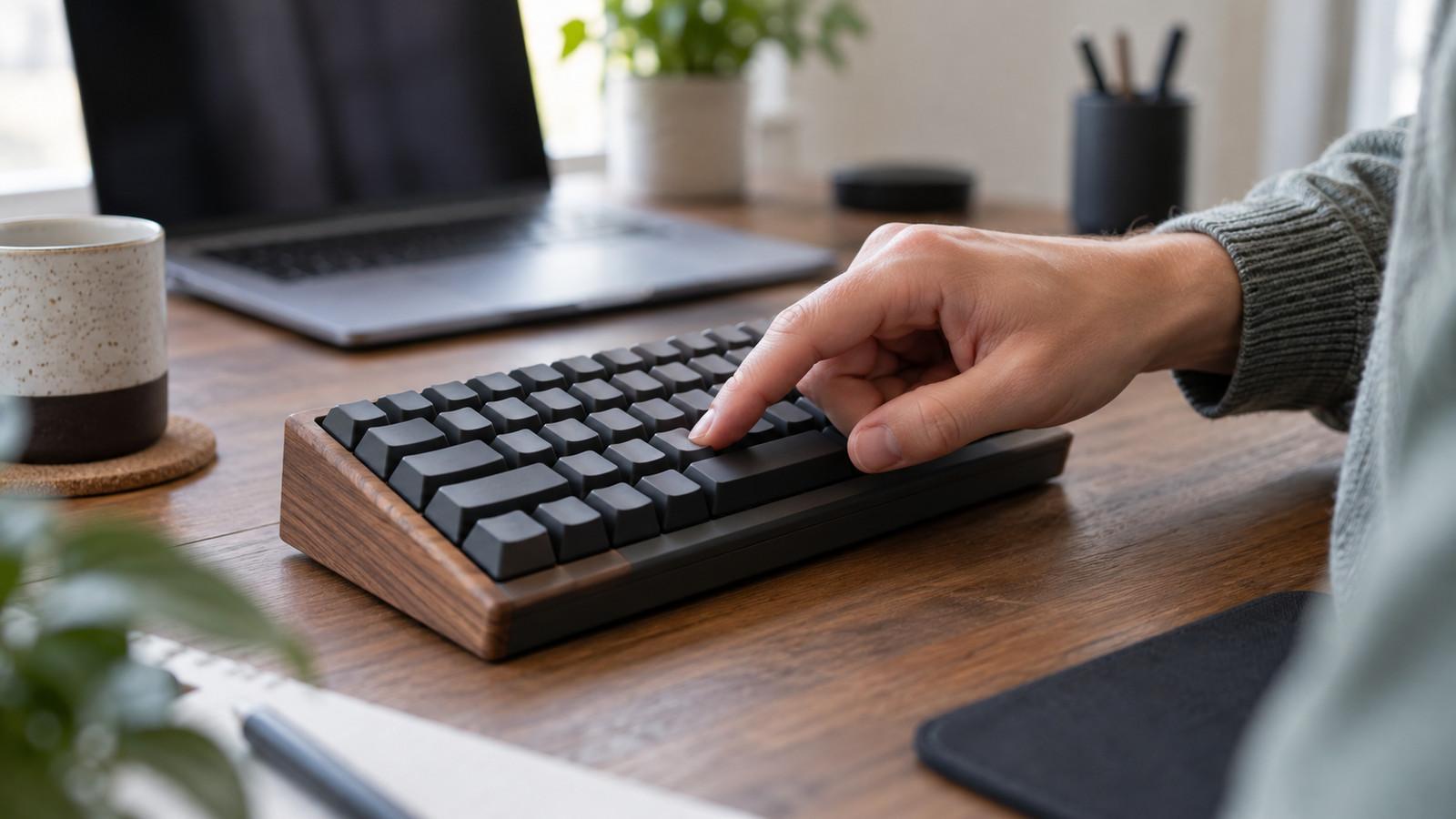 Hand prüft einzelne Tasten einer kompakten Tastatur