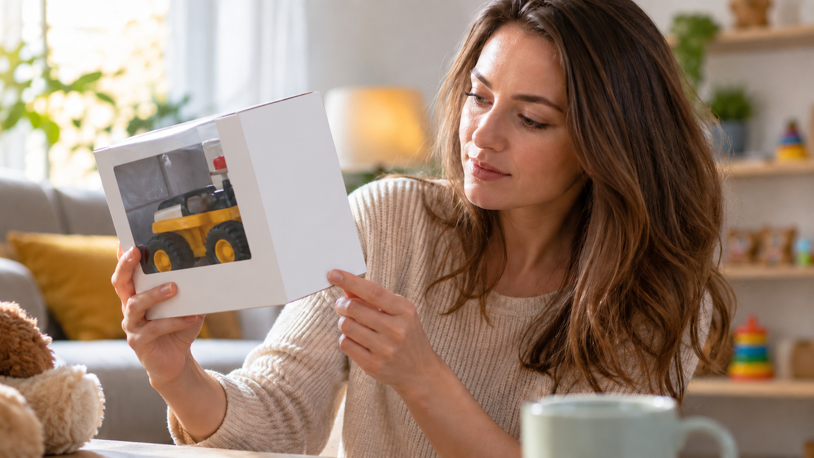 CE-Zeichen und Warnhinweise auf der Verpackung von elektrischem Spielzeug