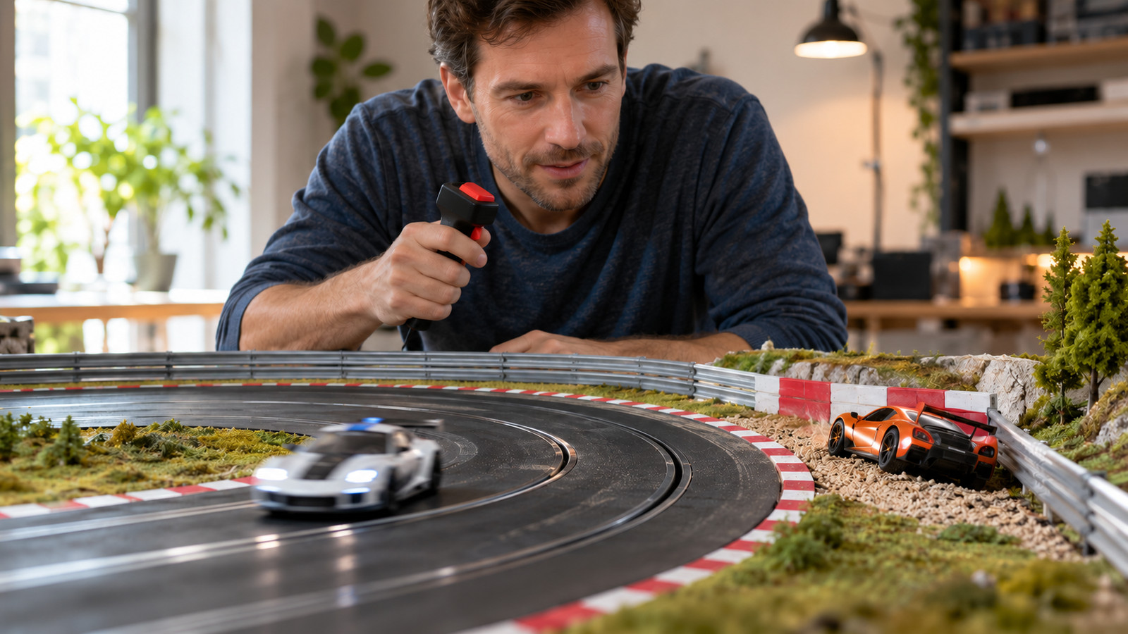 Slotcar Autos fliegen aus der Kurve