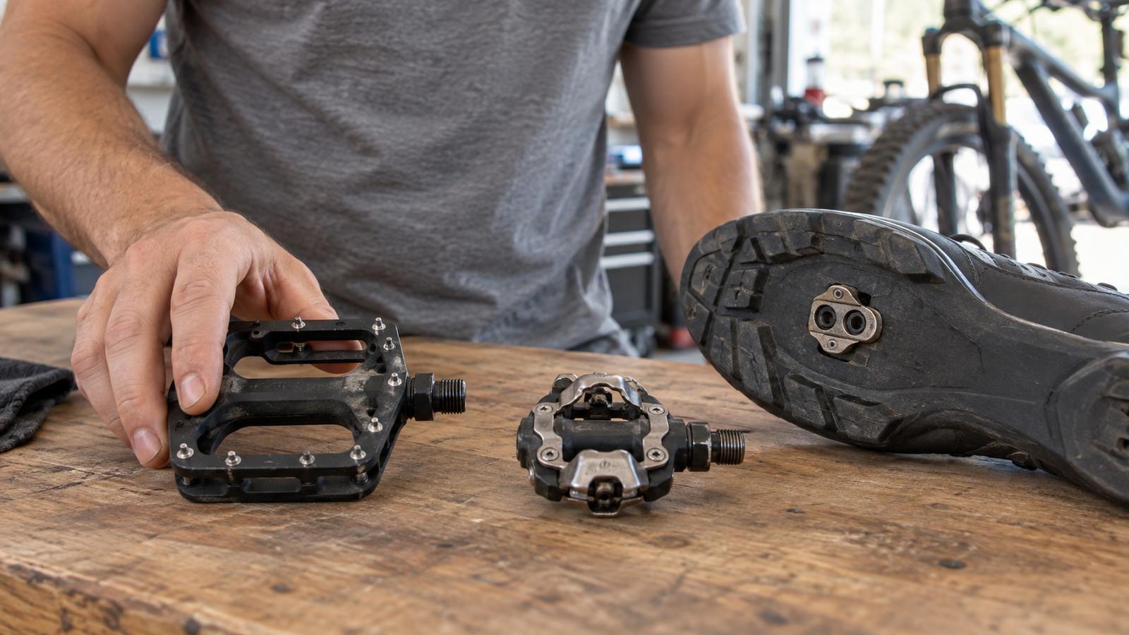Plattformpedal mit Metallpins neben einem SPD-Klickpedal und einem Schuh mit Cleat