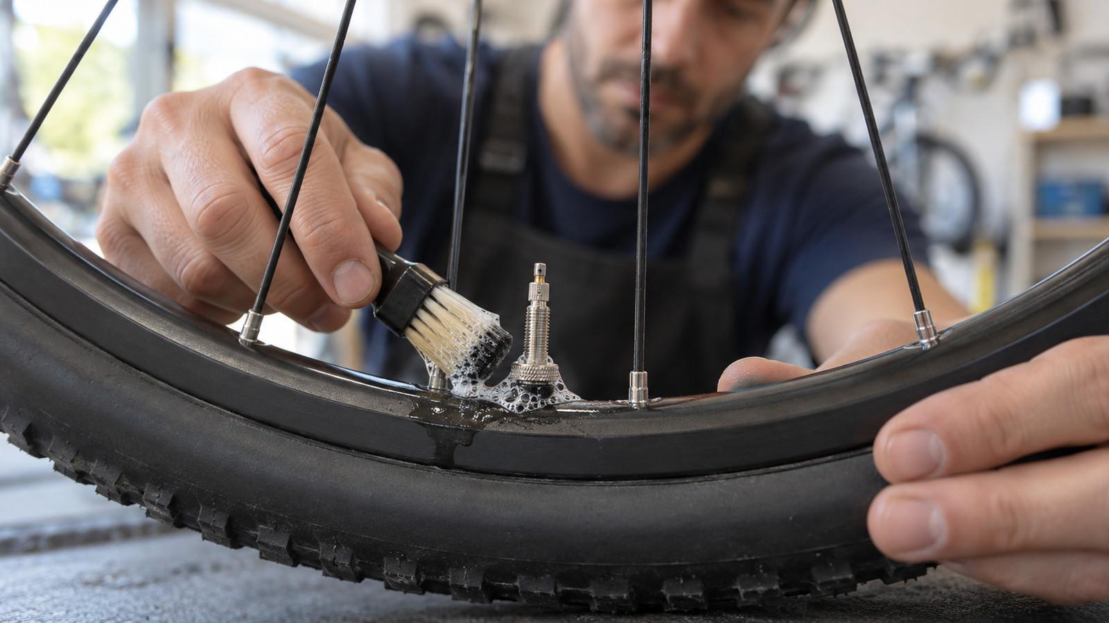 Tubeless-Ventil an einer Fahrradfelge, Mutter und Gummifuß von der Seite