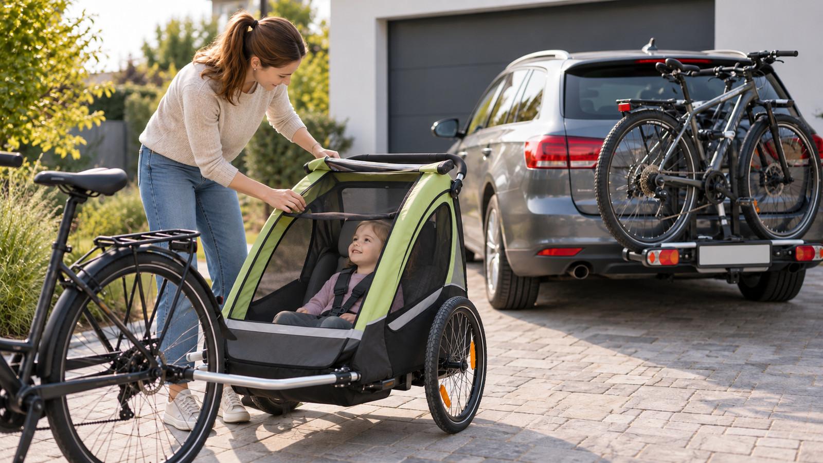 Fahrradanhänger an einem Rad neben einem Kombi mit zwei Rädern auf dem Kupplungsträger