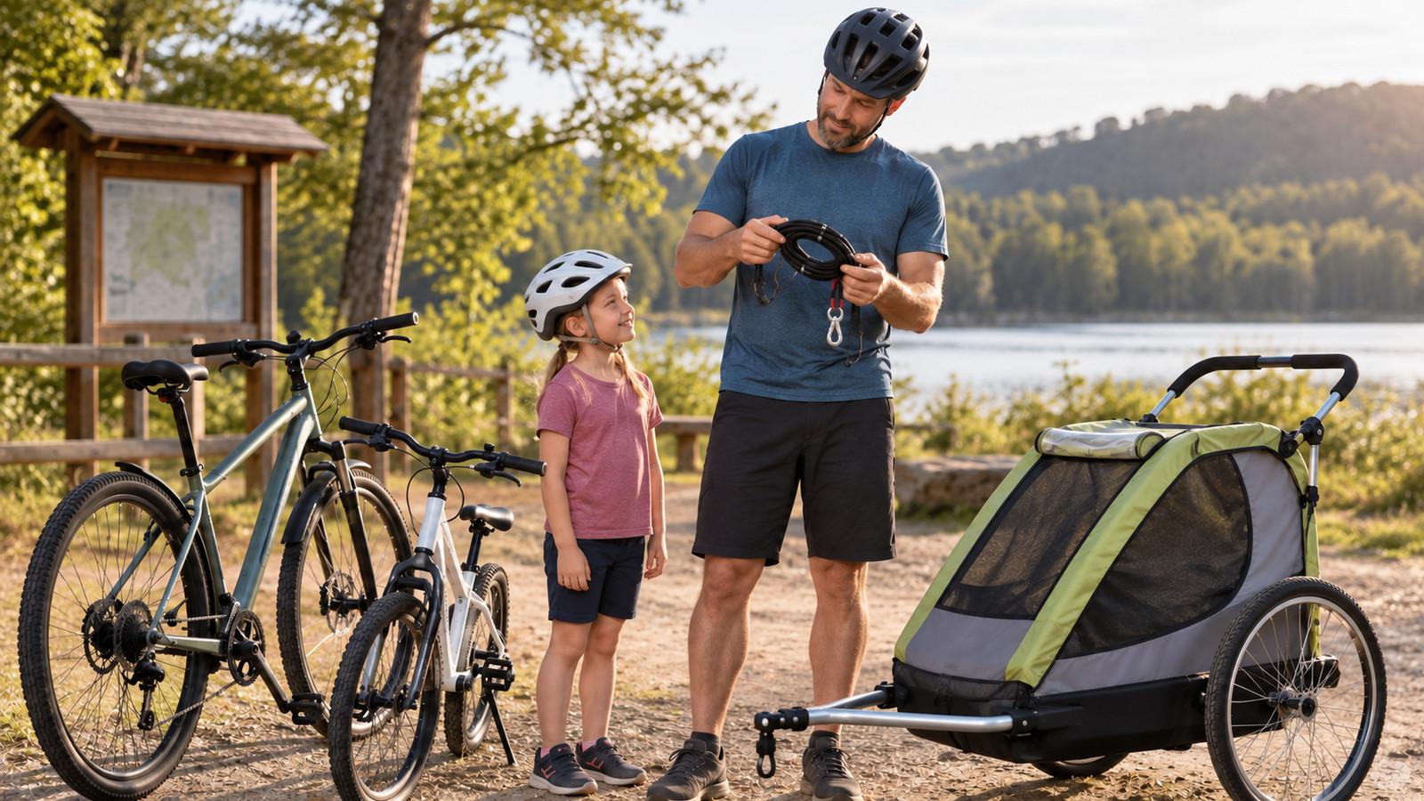 Familie vergleicht Abschleppseil und Kinderanhänger für eine Fahrradtour