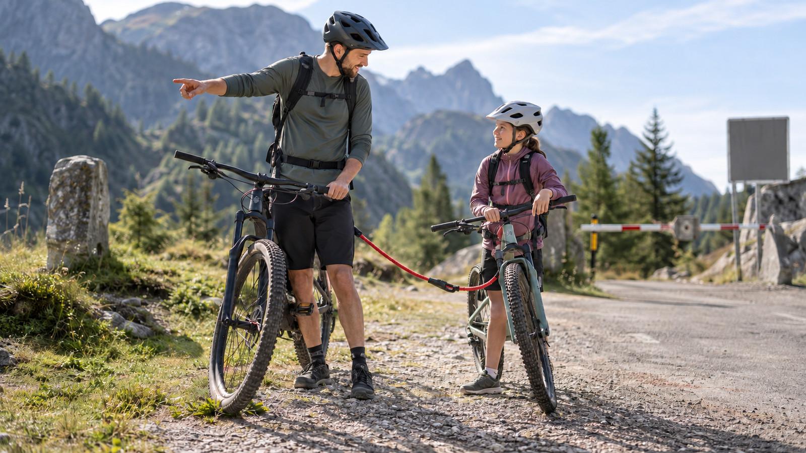 Erwachsener und Kind mit Fahrrädern und Abschleppseil vor einer Landesgrenze