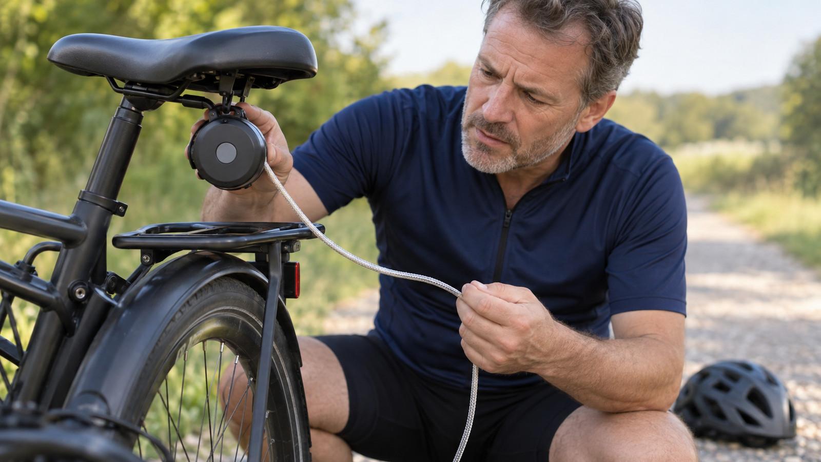 Ein loses Fahrrad-Abschleppseil neben dem Aufrollgehäuse