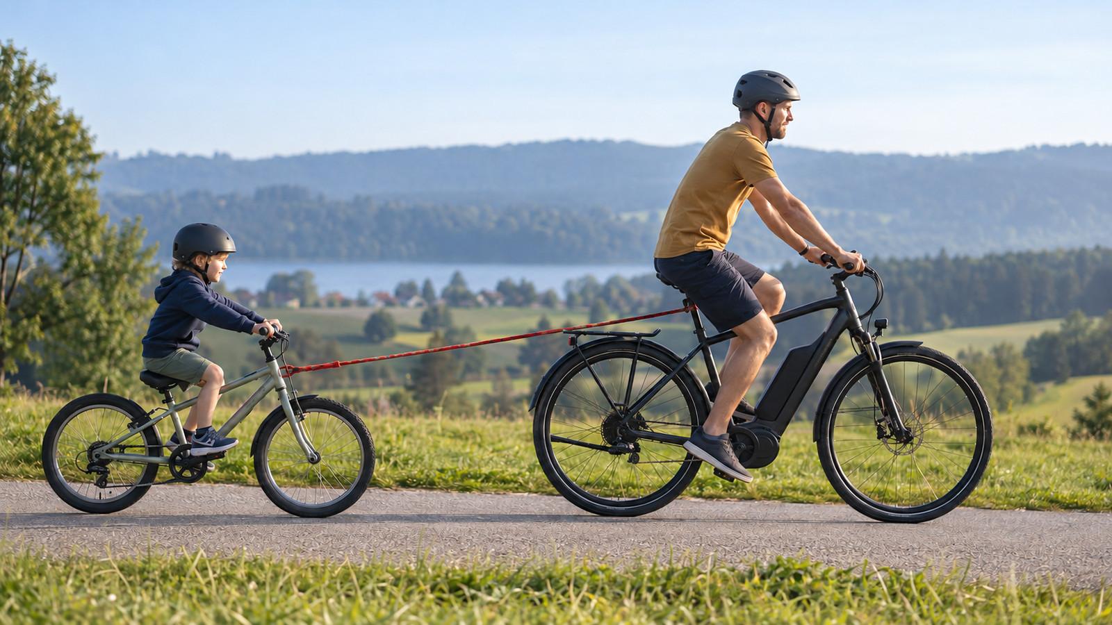 E-Bike zieht ein Kinderfahrrad mit einem Abschleppseil bergauf