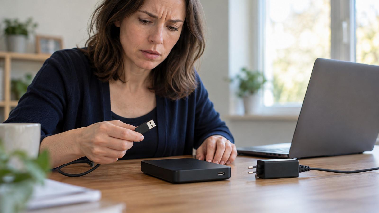 Externe Festplatte neben gezogenem USB-Kabel und Netzteil nach rhythmischem Klacken