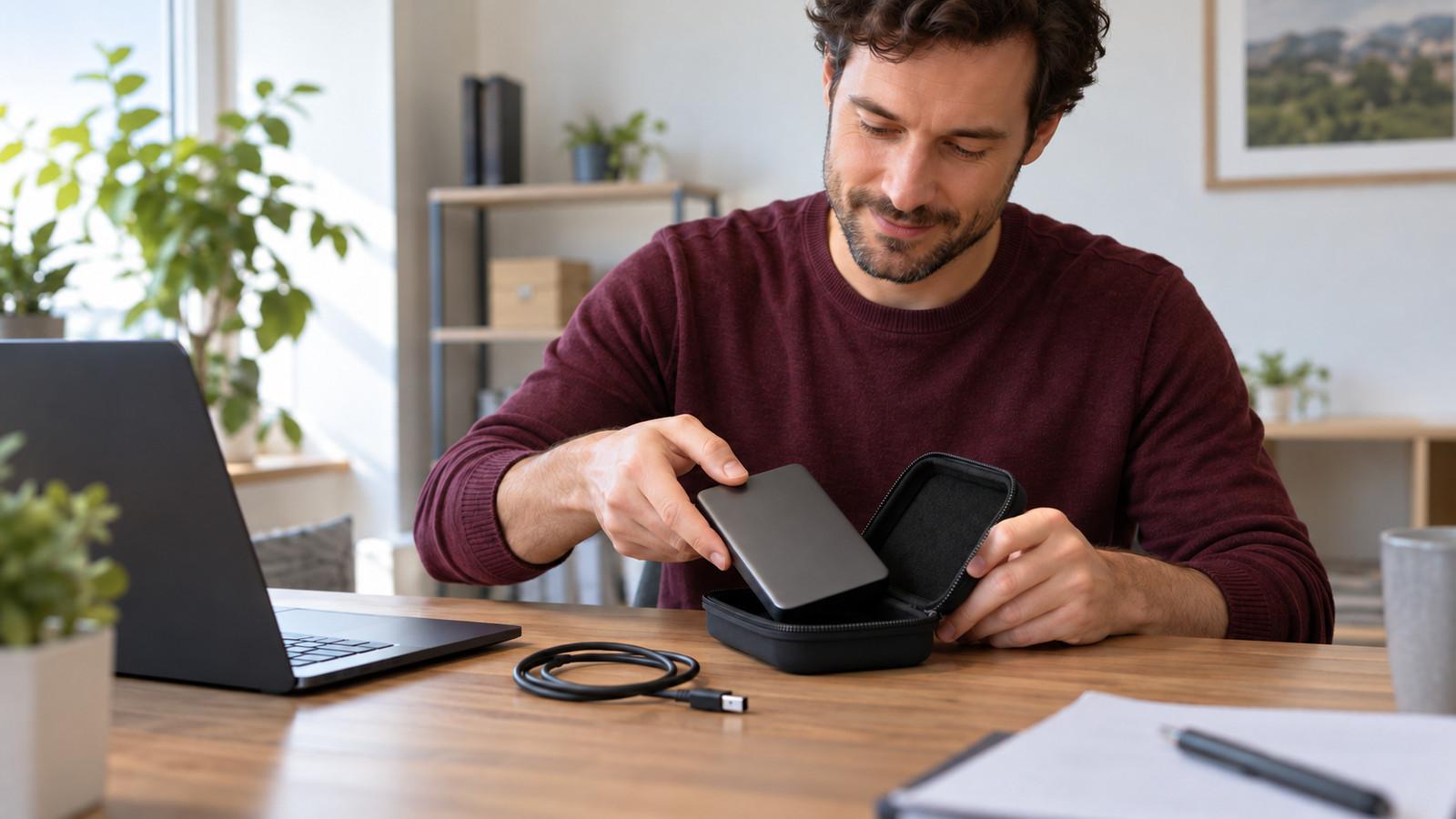 Externe Festplatte mit gezogenem Kabel neben einem Laptop, daneben ein Notizzettel mit einem Sicherungsdatum