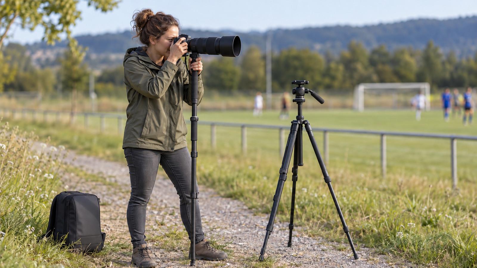 Einbeinstativ und Dreibeinstativ nebeneinander auf einem Feldweg