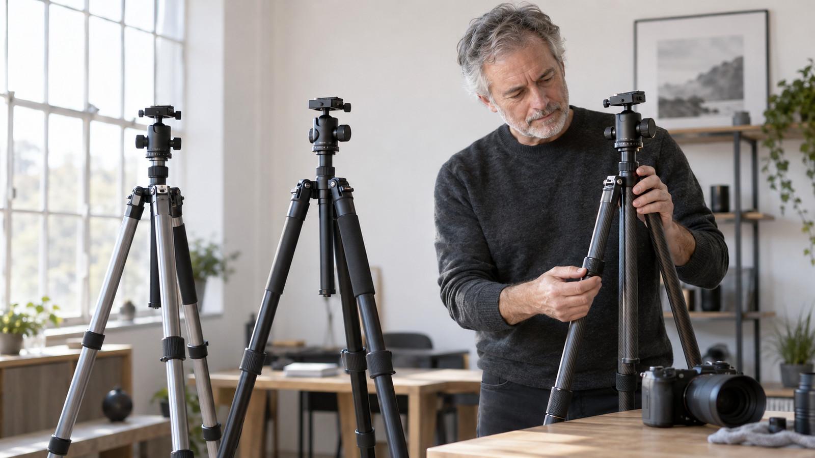 Drei Fotostative unterschiedlicher Bauart nebeneinander, zwei aus Aluminium und eines aus Carbon