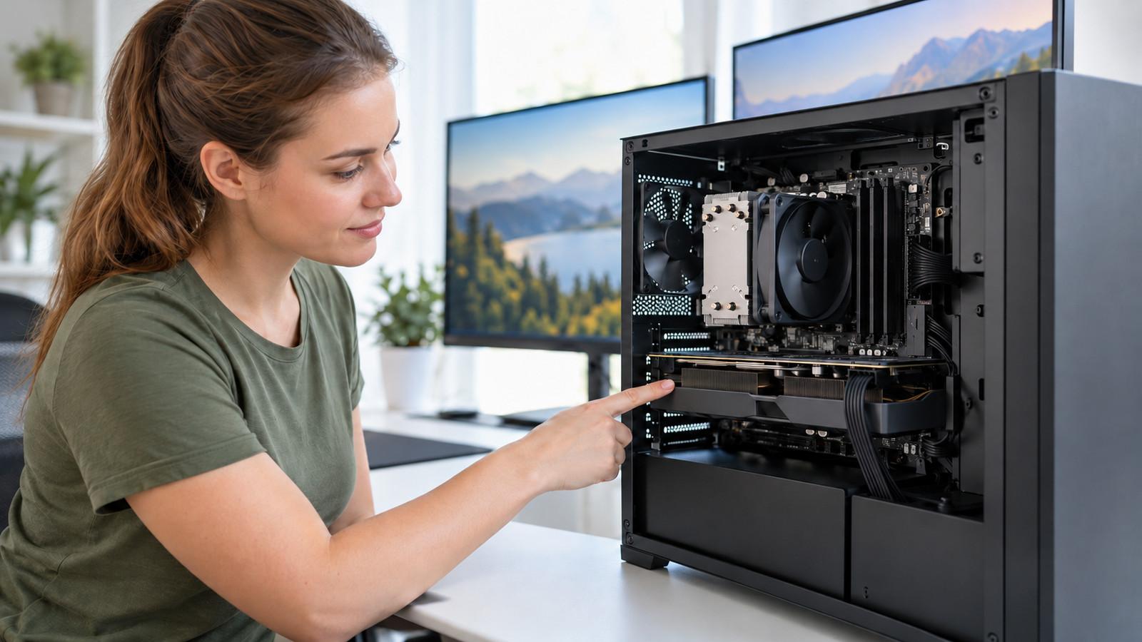 Geöffneter Gaming-PC neben Monitoren mit verschiedenen Auflösungen