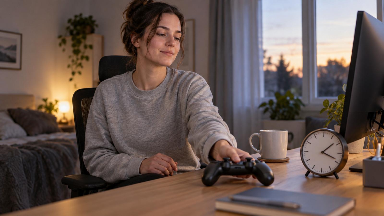 Gaming-Setup mit Kaffeetasse und Wecker am Abend