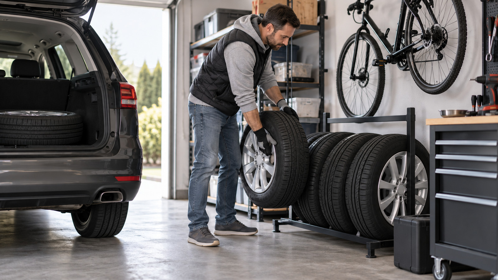 Vier Kompletträder ordentlich gelagert in einer trockenen Garage neben Werkzeug