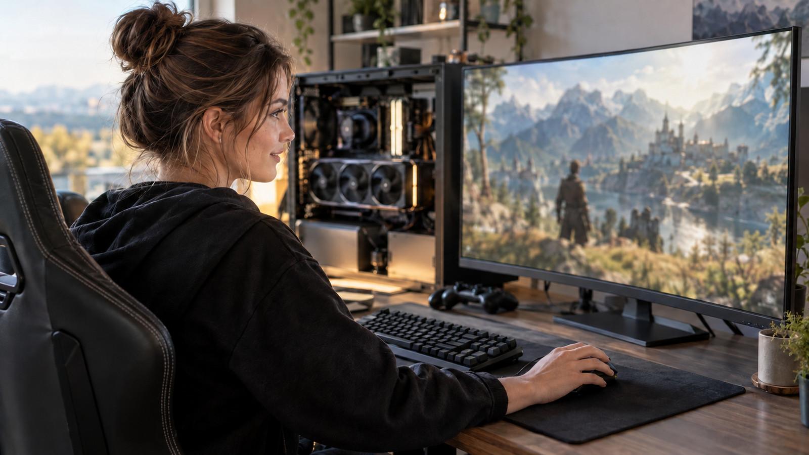 Gaming-Monitor mit Grafikeinstellungen und sichtbarer Grafikkarte im offenen PC-Gehäuse