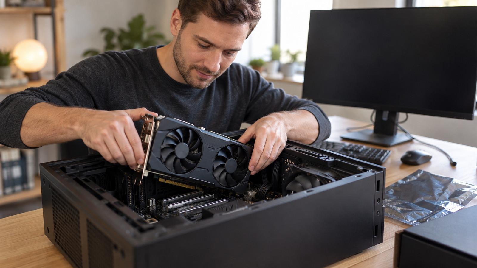 Geöffnetes PC-Gehäuse mit freiem oberen PCIe-Slot und eingesetzter Grafikkarte am Riegel
