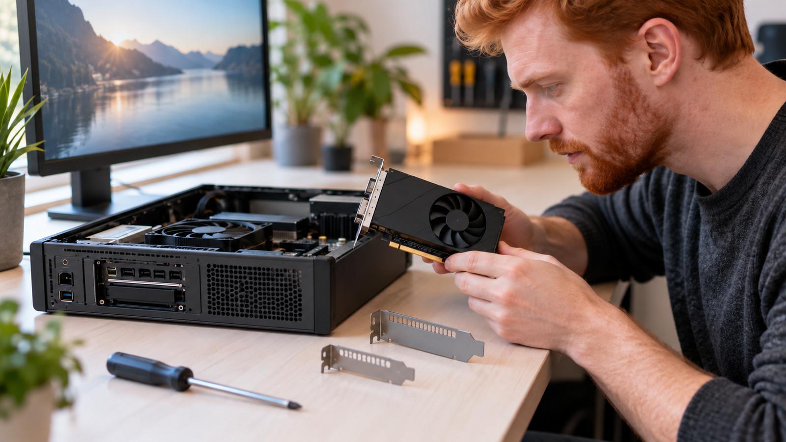 Low-Profile-Grafikkarte mit halbem Slotblech neben einem vollhohen Bracket in einem kompakten PC-Gehäuse