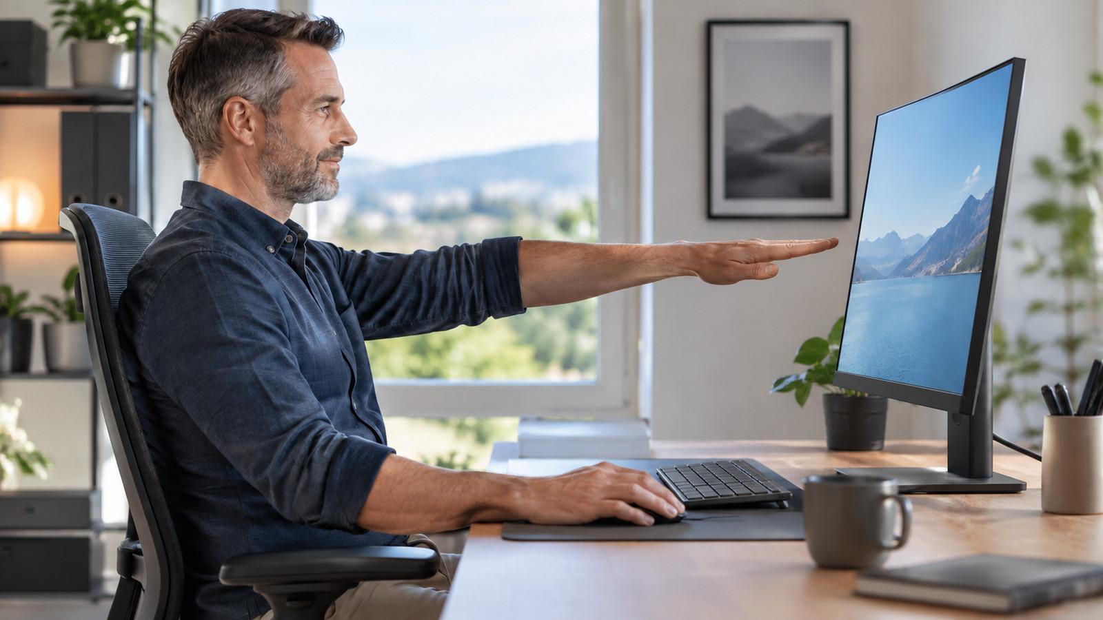 Monitor am Schreibtisch mit Tastatur, Abstand und leicht geneigter Bildschirmfläche
