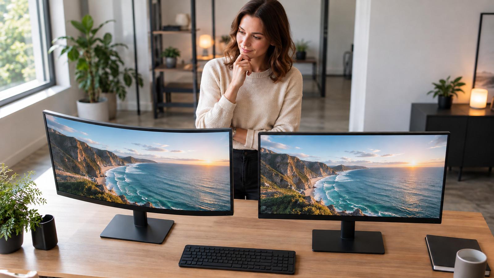 Flacher und gebogener Monitor nebeneinander auf einem Schreibtisch mit Tastatur