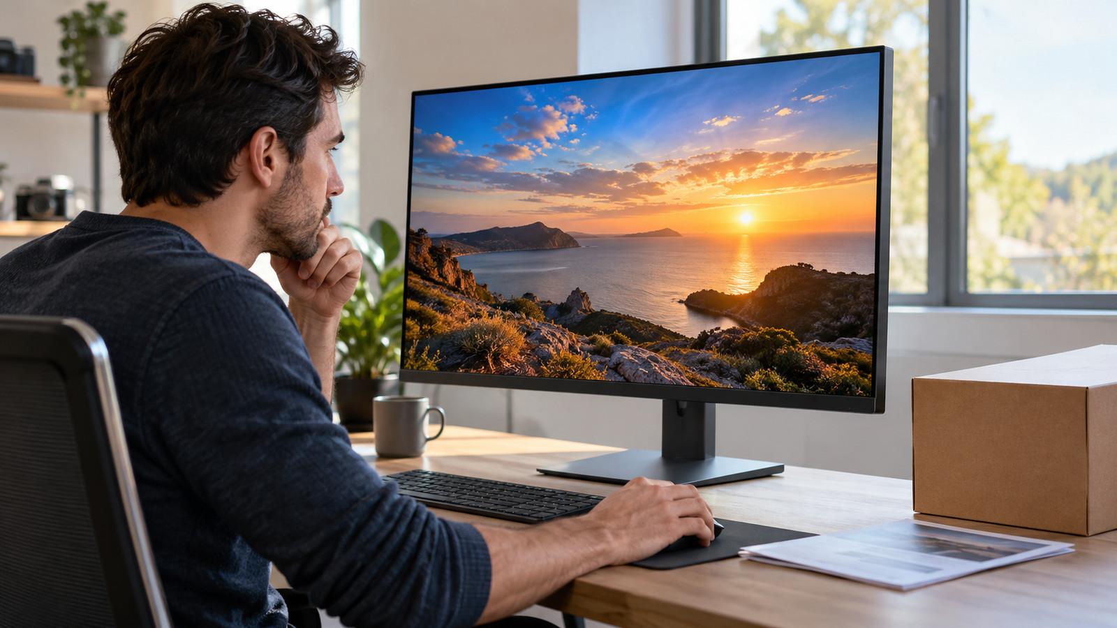 Monitor mit HDR-Inhalt am Schreibtisch, daneben Karton mit HDR-Aufdruck und Datenblatt
