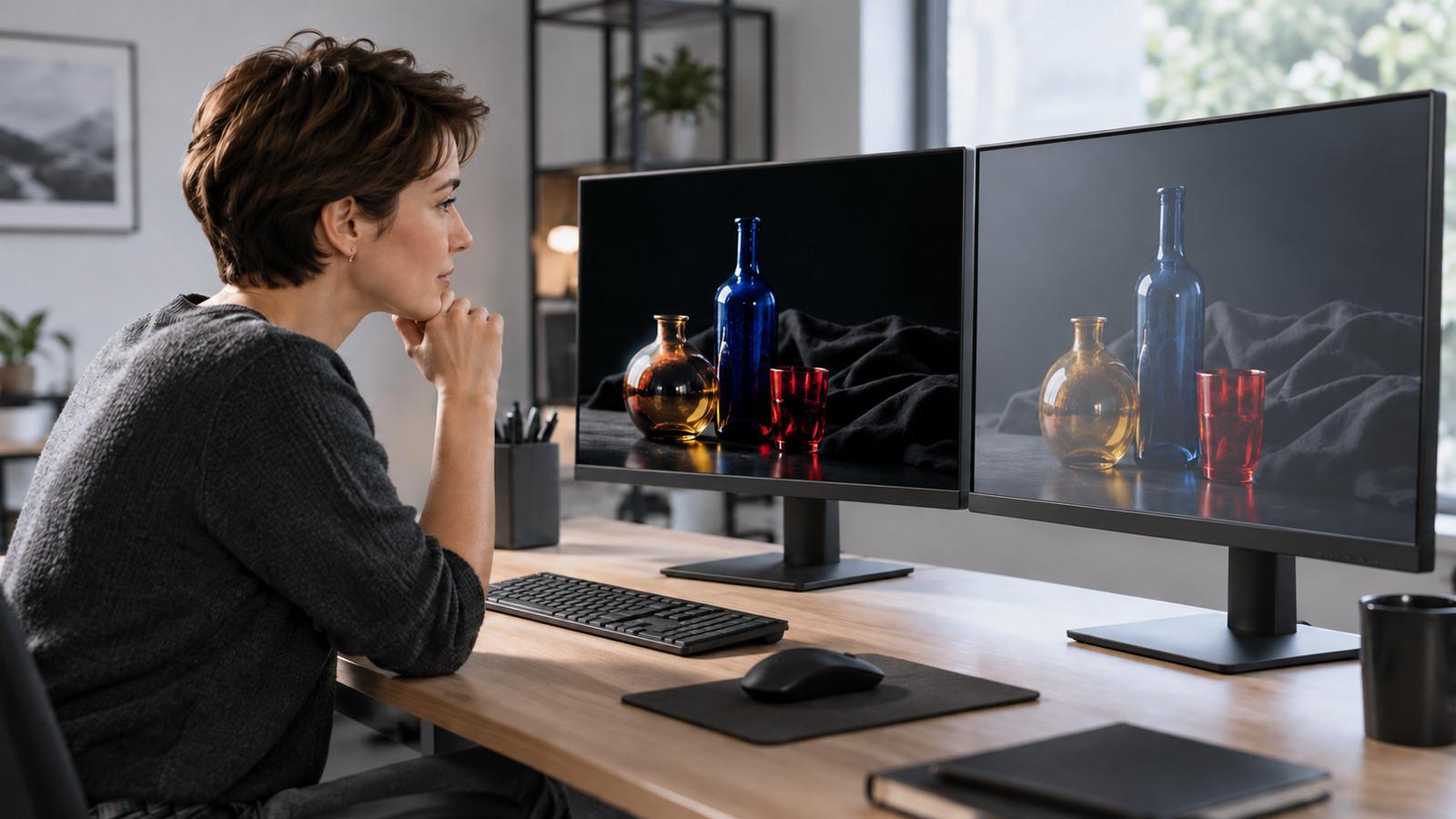 Zwei Monitore nebeneinander mit unterschiedlicher Darstellung von Schwarz und Farbe