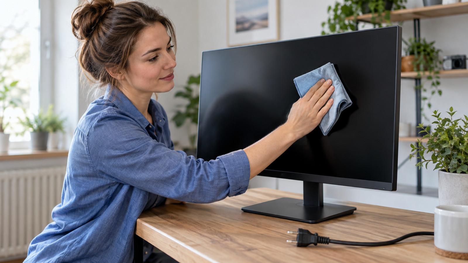 Großer Monitor am Schreibtisch, Mikrofasertuch und ausgestecktes Netzkabel zur sicheren Reinigung