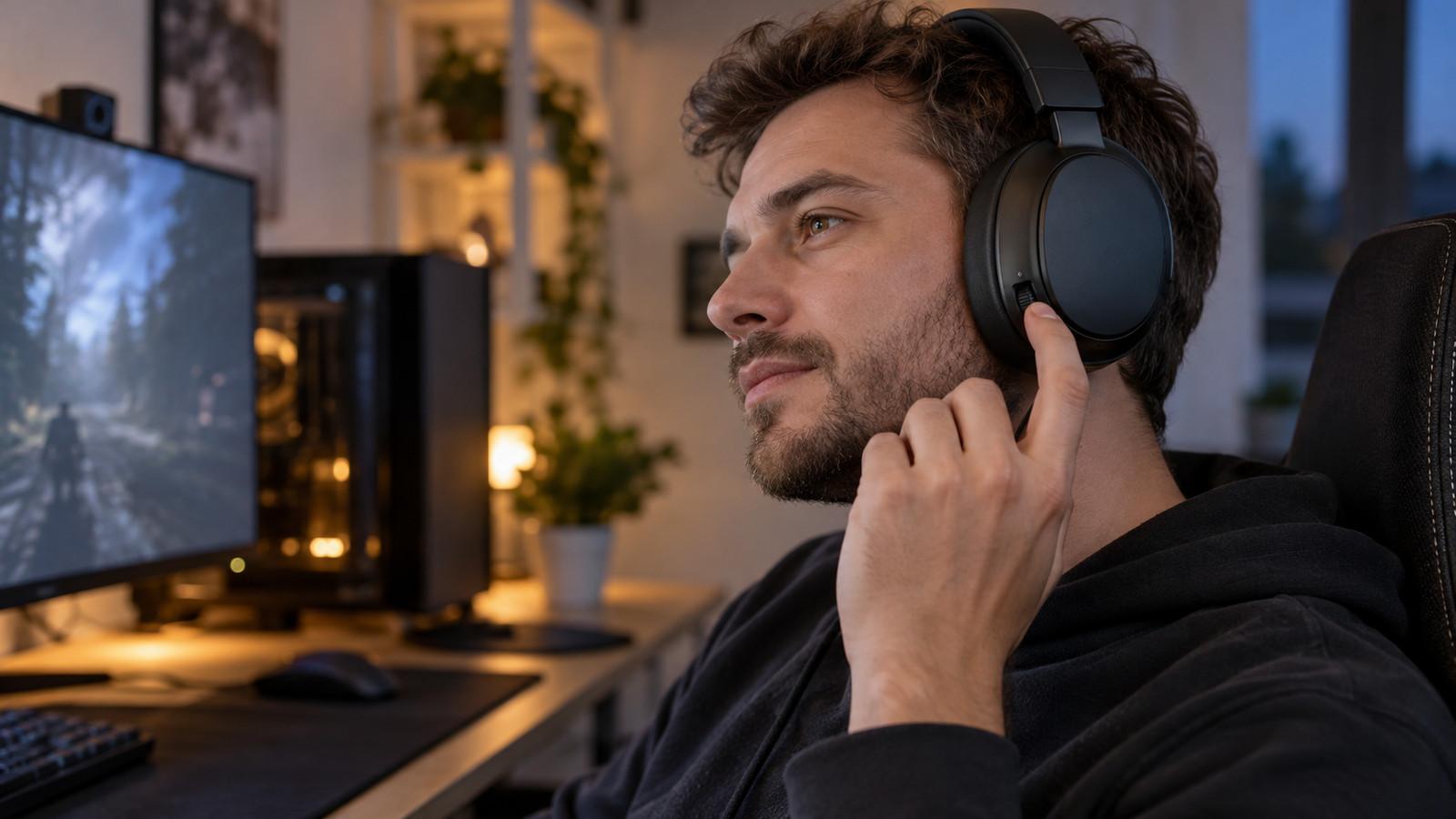 Geschlossenes Gaming-Headset am PC mit sichtbarem Lautstärkeregler am Bügel