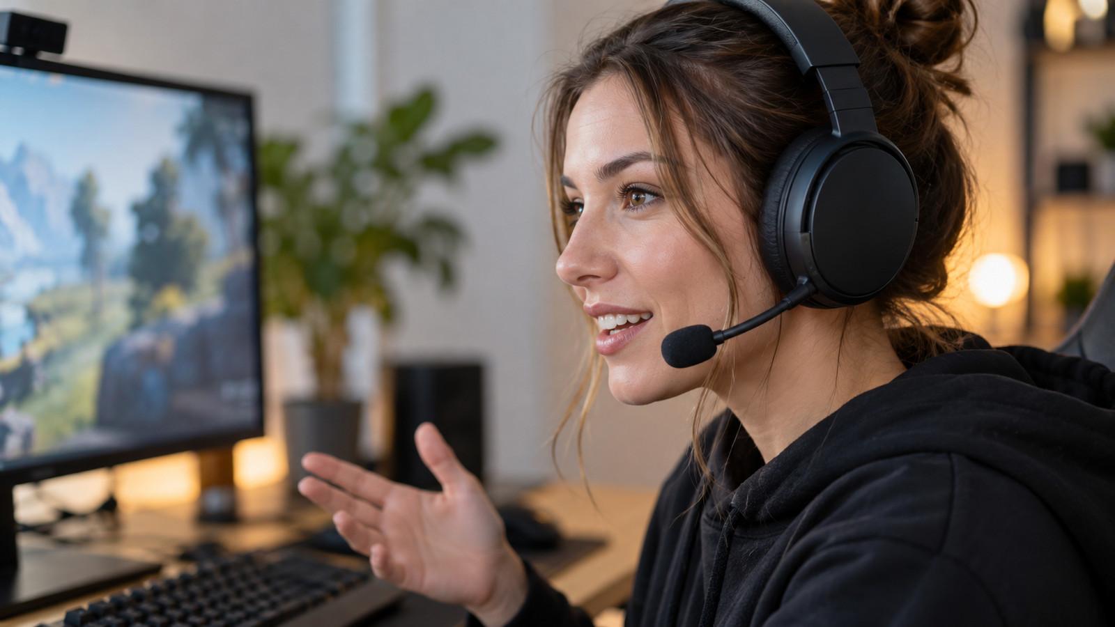 Gaming-Headset mit Bügelmikrofon vor einem Monitor, Mikrofonarm leicht seitlich vom Mund positioniert