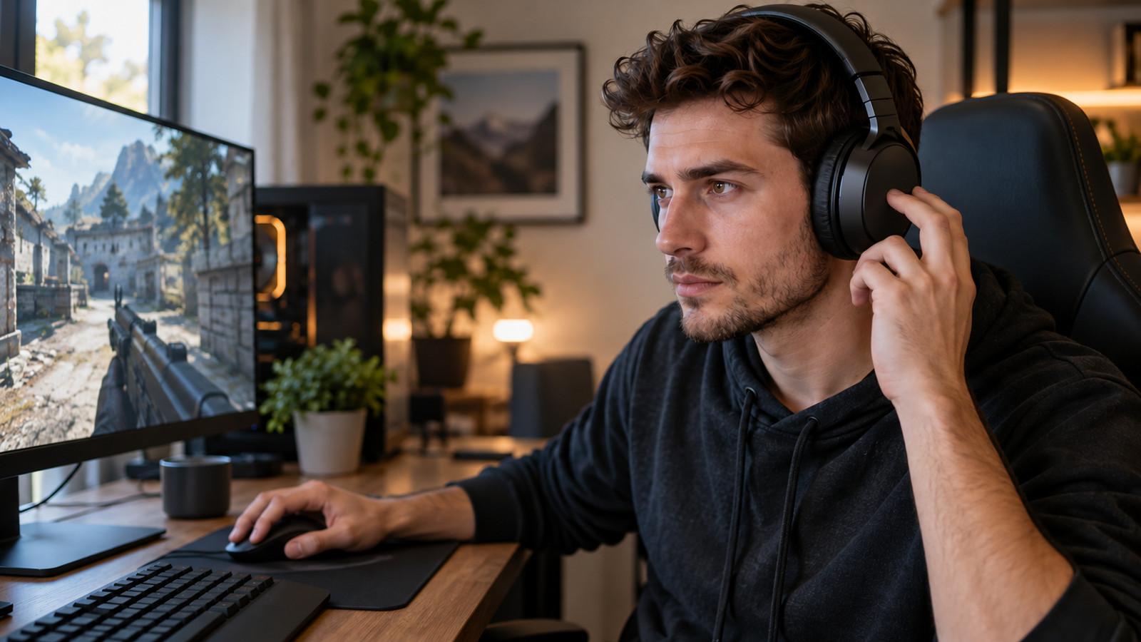 PC-Gaming-Setup mit Headset und Windows-Einstellung für räumlichen Klang an einem Ort
