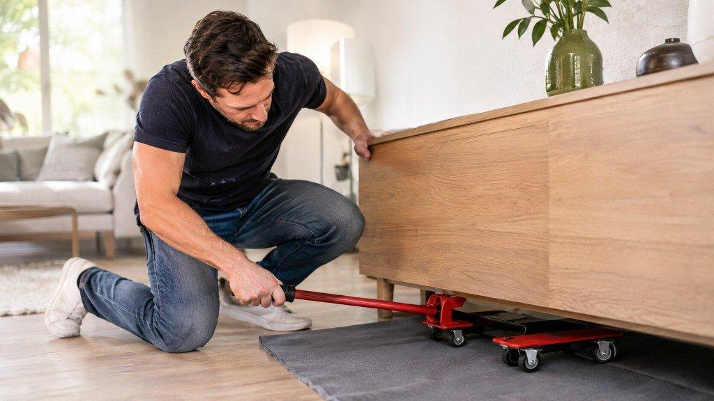 Möbelheber-Set mit Hebel und Transportrollen neben Tragegurt zur Werkzeugwahl
