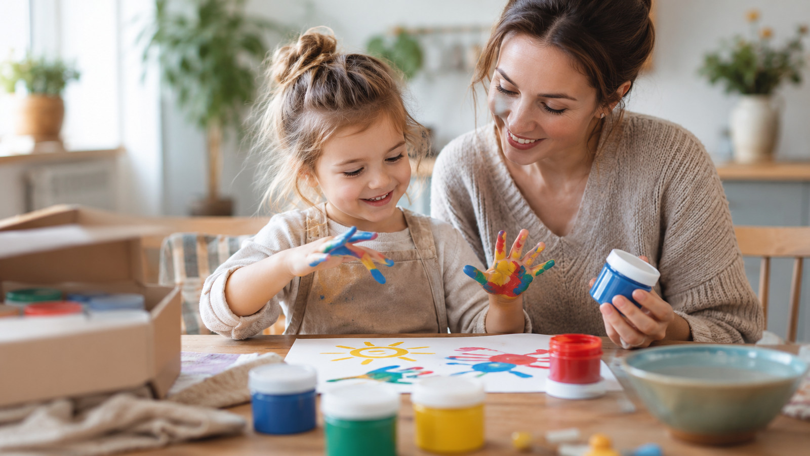 Kinderbasteln mit Fingerfarben, Kennzeichnung und Sicherheitshinweisen im Blick