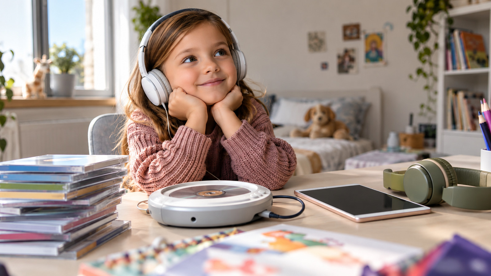 Kind mit Kopfhörern neben CD-Player und Tablet auf dem Kinderschreibtisch