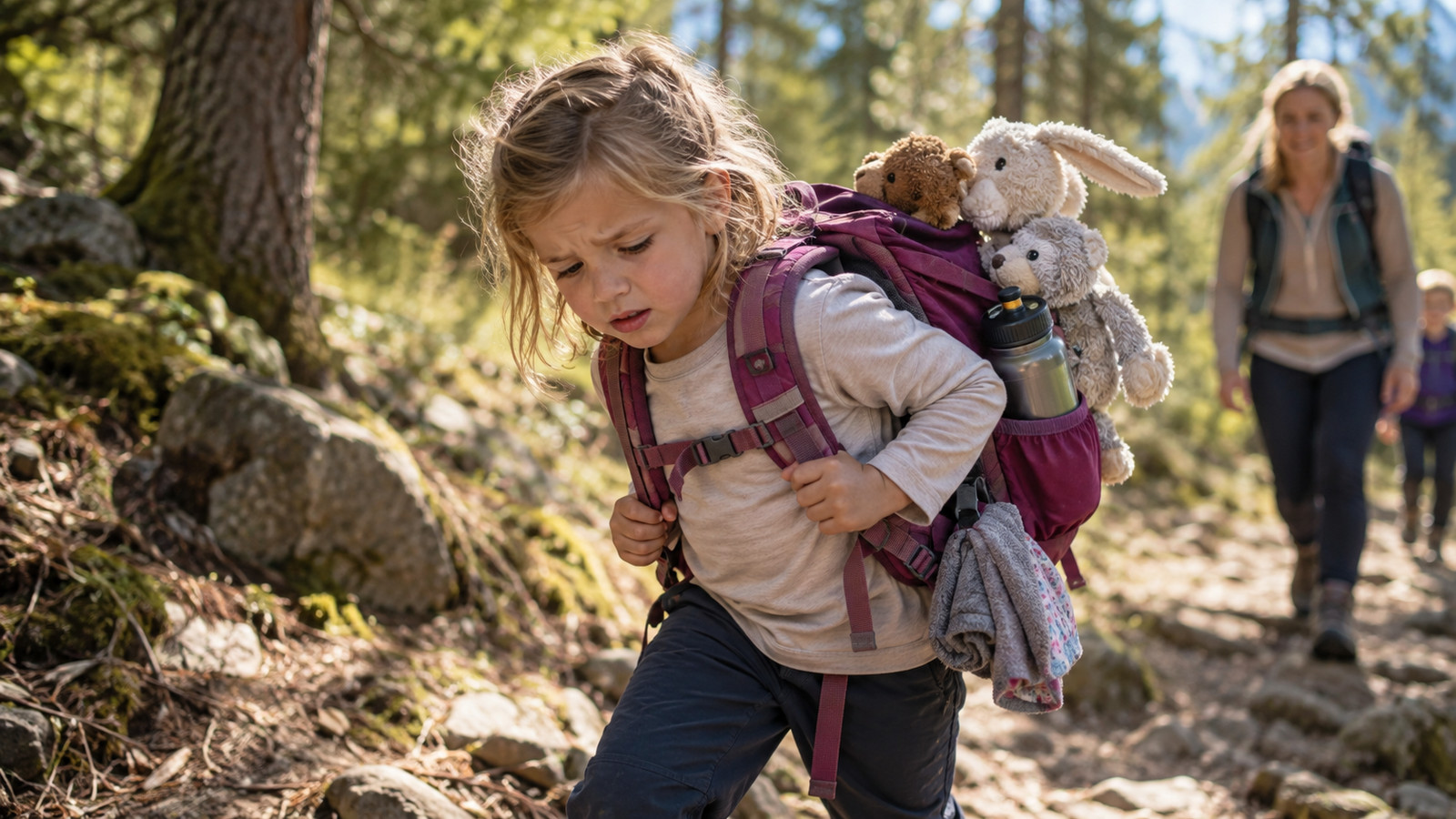 Kind mit passendem Wanderrucksack auf einem Waldweg