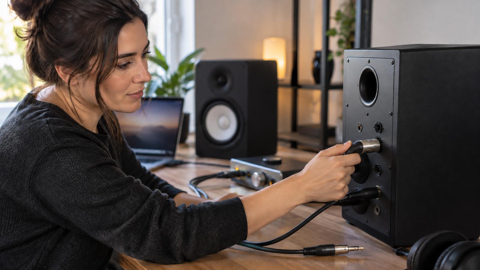 XLR- und TRS-Kabel zwischen Audio-Interface und aktivem Studiomonitor auf dem Schreibtisch