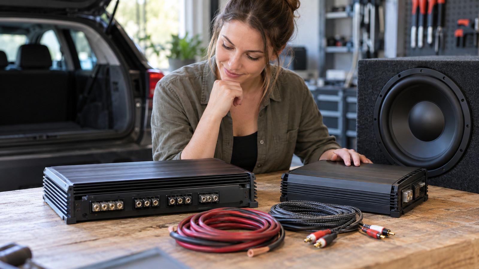 Vierkanal-Endstufe und Monoblock nebeneinander mit Subwoofer-Kabel und Cinch-Leitungen