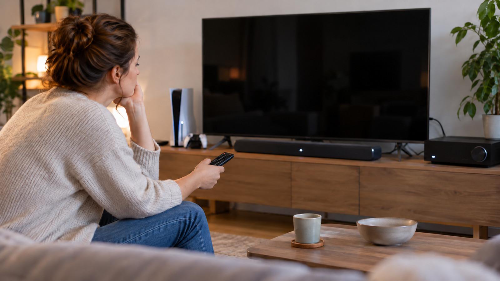 Wohnzimmerfernseher bleibt schwarz, während Konsole und Receiver leuchten und das HDMI-Kabel steckt