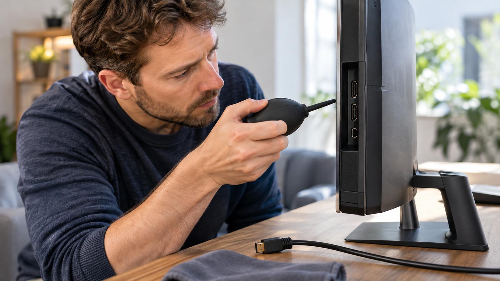 Person bläst mit einem Blasebalg seitlich in die HDMI-Buchse eines ausgeschalteten Monitors