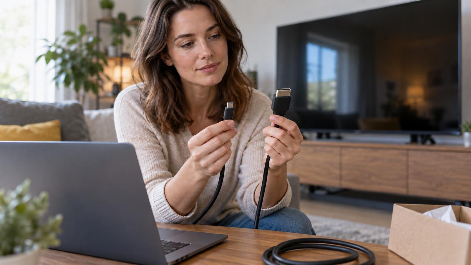 Person hält einen USB-C-Stecker und einen HDMI-Stecker vor Laptop und Wohnzimmerfernseher