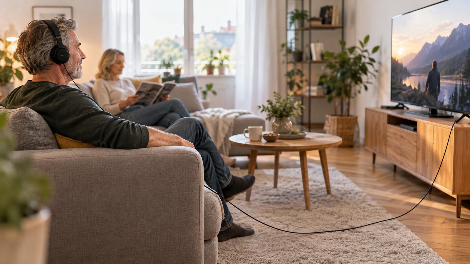 Kabelgebundener Kopfhörer am Fernseher mit langer Leitung bis zum Sofa