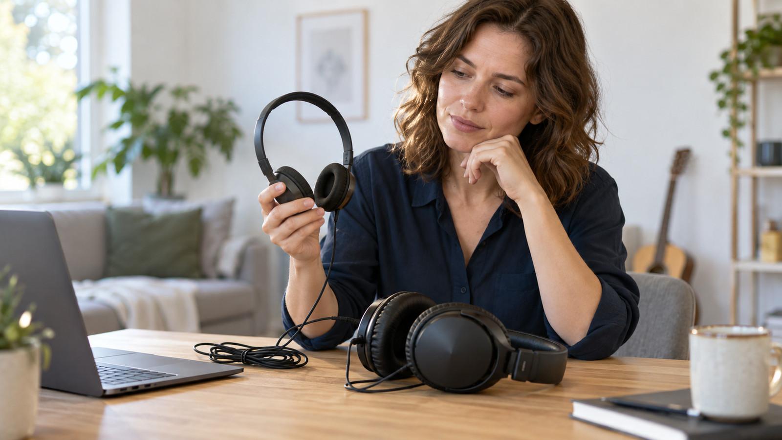 Leichter On-Ear-Bügel und geschlossener Studio-Hörer mit Kabel auf einem Schreibtisch