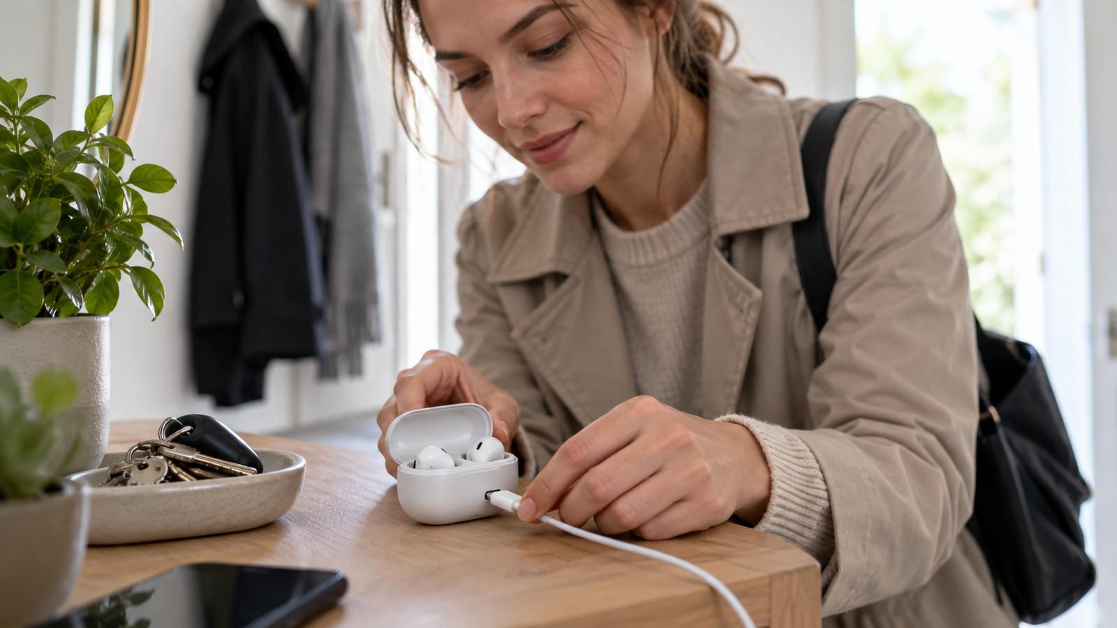 Offenes Ladecase mit True-Wireless-Ohrhörern und USB-Kabel auf einem Schreibtisch