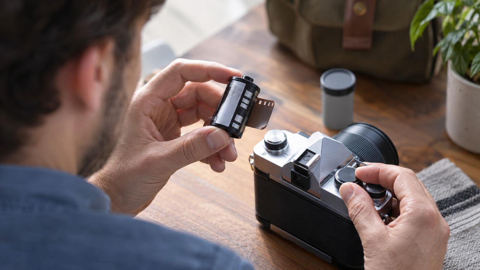 Kleinbildpatrone mit DX-Schachbrett neben dem ISO-Rad einer Analogkamera